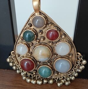 Vintage Gold Tone Glass Agate Natural Stone Large Pendant- 4 In Length-...